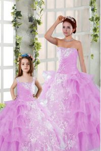 Wonderful Lilac Ball Gowns Strapless Sleeveless Organza Floor Length Lace Up Beading and Ruching 15 Quinceanera Dress