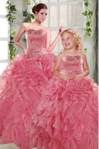 Admirable Floor Length Rose Pink Quince Ball Gowns Strapless Sleeveless Lace Up
