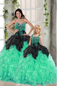 Apple Green Ball Gowns Beading and Ruffles Quinceanera Dress Lace Up Organza Sleeveless Floor Length