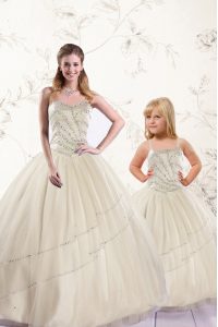 Champagne Quince Ball Gowns Military Ball and Sweet 16 and Quinceanera and For with Beading Sweetheart Sleeveless Lace U