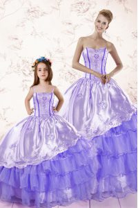 Sweetheart Sleeveless Vestidos de Quinceanera Floor Length Embroidery and Ruffled Layers Lavender Organza