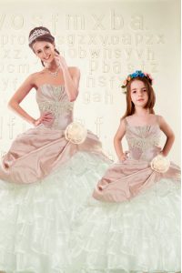Stunning Beading and Ruffled Layers and Hand Made Flower Quinceanera Dress Pink And White Lace Up Sleeveless Floor Lengt