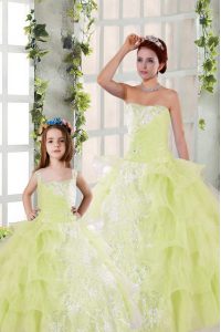 Exquisite Light Yellow Lace Up Strapless Beading and Ruffled Layers and Ruching Vestidos de Quinceanera Organza Sleevele