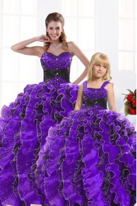 Ideal Black And Purple Ball Gowns Sweetheart Sleeveless Organza Floor Length Lace Up Beading and Appliques and Ruffles S