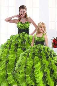 Olive Green Lace Up Sweetheart Beading and Appliques and Ruffles Quinceanera Gown Organza Sleeveless