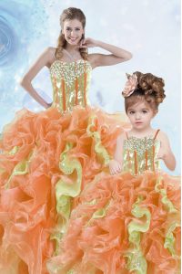Customized Sweetheart Sleeveless Organza Quince Ball Gowns Beading and Ruffles and Sequins Lace Up