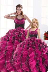 Best Hot Pink Organza Lace Up Quinceanera Dresses Sleeveless Floor Length Beading and Appliques and Ruffles