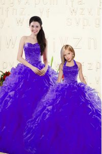 Enchanting Purple Sleeveless Organza Lace Up 15th Birthday Dress for Military Ball and Sweet 16 and Quinceanera