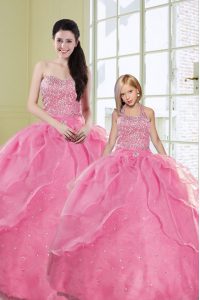 Romantic Sequins Floor Length Ball Gowns Sleeveless Rose Pink 15th Birthday Dress Lace Up