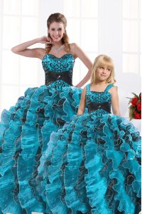 Organza Sweetheart Sleeveless Lace Up Beading and Appliques and Ruffles Vestidos de Quinceanera in Aqua Blue