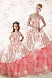 Watermelon Red Ball Gowns Organza Sweetheart Sleeveless Embroidery and Ruffled Layers Floor Length Lace Up Sweet 16 Quin