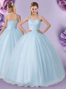 Fashion One Shoulder Light Blue Sleeveless Floor Length Appliques Lace Up Quinceanera Gown
