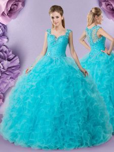 Straps Floor Length Baby Blue Quinceanera Gown Tulle Sleeveless Beading and Ruffles