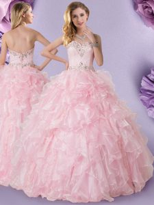 Baby Pink Ball Gowns Sweetheart Sleeveless Organza Floor Length Lace Up Beading and Ruffles Quinceanera Dress