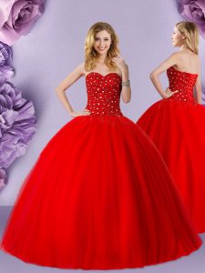 Red Ball Gowns Tulle Sweetheart Sleeveless Beading Floor Length Lace Up Sweet 16 Quinceanera Dress