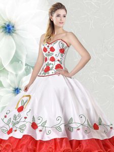Popular Floor Length White and Red Vestidos de Quinceanera Organza and Taffeta Sleeveless Embroidery and Ruffled Layers