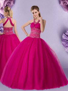 Fuchsia Tulle Lace Up Halter Top Sleeveless Floor Length Ball Gown Prom Dress Beading