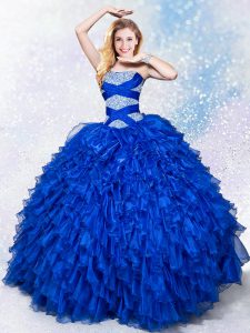 Classical Royal Blue Sleeveless Organza Lace Up 15th Birthday Dress for Military Ball and Sweet 16 and Quinceanera