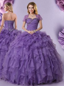 Ideal Sleeveless Floor Length Beading and Ruffles Lace Up Quinceanera Dress with Purple