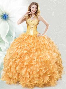 Gold Quinceanera Gowns Military Ball and Sweet 16 and Quinceanera and For with Beading and Ruffles Sweetheart Sleeveless