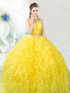 Fashion Yellow Scoop Zipper Beading and Ruffles Vestidos de Quinceanera Sleeveless