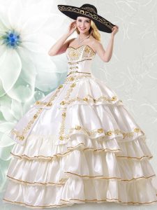 White Taffeta Lace Up Sweetheart Sleeveless Floor Length Quinceanera Gown Embroidery and Ruffled Layers