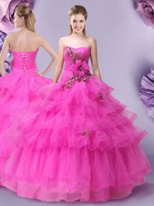 Flirting Sweetheart Sleeveless Tulle Sweet 16 Quinceanera Dress Appliques and Ruffled Layers and Hand Made Flower Lace U