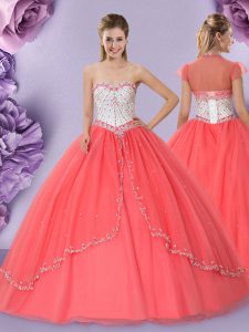 Watermelon Red Tulle Lace Up Sweetheart Sleeveless Floor Length Ball Gown Prom Dress Beading