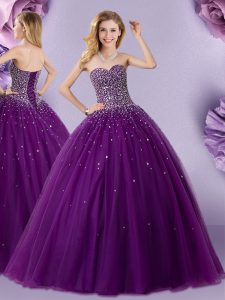 Lovely Dark Purple Tulle Lace Up Sweetheart Sleeveless Floor Length Sweet 16 Dress Beading