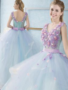 Light Blue Lace Up V-neck Appliques and Ruffles Sweet 16 Dress Tulle Sleeveless