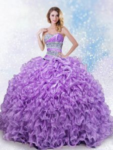 Sleeveless Organza Floor Length Lace Up Sweet 16 Dress in Lavender with Beading and Ruffles