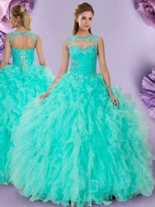 Fancy Apple Green 15 Quinceanera Dress Military Ball and Sweet 16 and Quinceanera and For with Beading and Ruffles Scoop