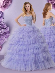 Lavender Lace Up Sweet 16 Dress Beading and Ruffled Layers Sleeveless Floor Length