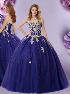 Glittering Tulle Sweetheart Sleeveless Lace Up Beading Quinceanera Dresses in Navy Blue