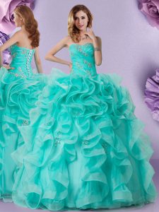 Noble Aqua Blue Ball Gowns Organza Sweetheart Sleeveless Beading and Ruffles Floor Length Lace Up Sweet 16 Quinceanera D