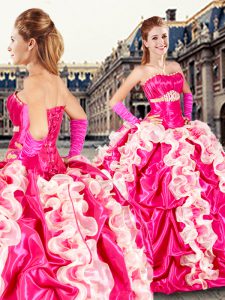 Hot Pink Ball Gowns Organza and Taffeta Strapless Sleeveless Beading and Ruffles and Pick Ups Floor Length Lace Up 15th 