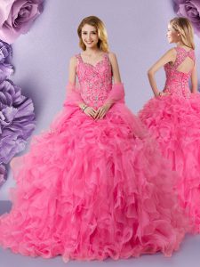 Straps Sleeveless Organza Floor Length Lace Up 15th Birthday Dress in Hot Pink with Lace