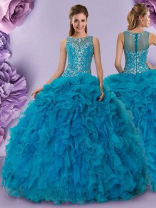 Scoop Sleeveless Beading and Ruffles Zipper Ball Gown Prom Dress