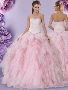 Baby Pink Tulle Lace Up Quince Ball Gowns Sleeveless Floor Length Beading and Lace and Ruffles