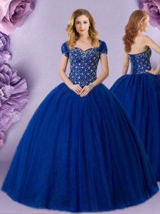 Royal Blue Ball Gowns Beading Sweet 16 Quinceanera Dress Lace Up Tulle Sleeveless Floor Length