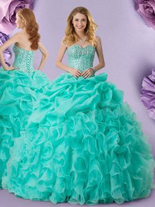 Classical Sleeveless Organza Floor Length Lace Up 15 Quinceanera Dress in Turquoise with Beading and Ruffles and Pick Up