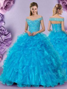Sophisticated Baby Blue Ball Gowns Off The Shoulder Sleeveless Organza Floor Length Lace Up Beading and Lace and Ruffles