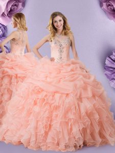 Luxury Organza Straps Sleeveless Zipper Beading and Ruffles and Pick Ups Quinceanera Dresses in Peach