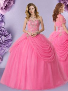Floor Length Lace Up Quinceanera Dresses Rose Pink for Military Ball and Sweet 16 and Quinceanera with Beading and Pick 