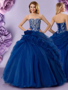 Royal Blue Organza Lace Up Quinceanera Dress Sleeveless Floor Length Beading and Ruffles and Hand Made Flower