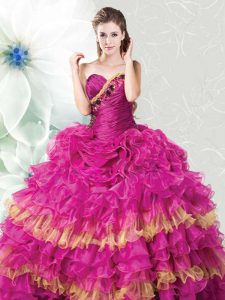 Fuchsia Lace Up Sweetheart Ruffles and Ruffled Layers Sweet 16 Dress Organza Sleeveless