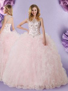 Scoop Baby Pink Tulle Lace Up Quinceanera Dress Sleeveless Floor Length Lace