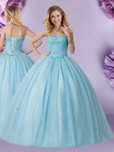 Extravagant Tulle Sweetheart Sleeveless Lace Up Beading Quince Ball Gowns in Light Blue