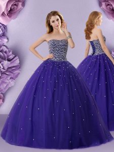 Vintage Purple Strapless Neckline Beading Sweet 16 Dress Sleeveless Lace Up