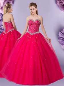 Custom Design Floor Length Coral Red Quinceanera Gown Sweetheart Sleeveless Lace Up